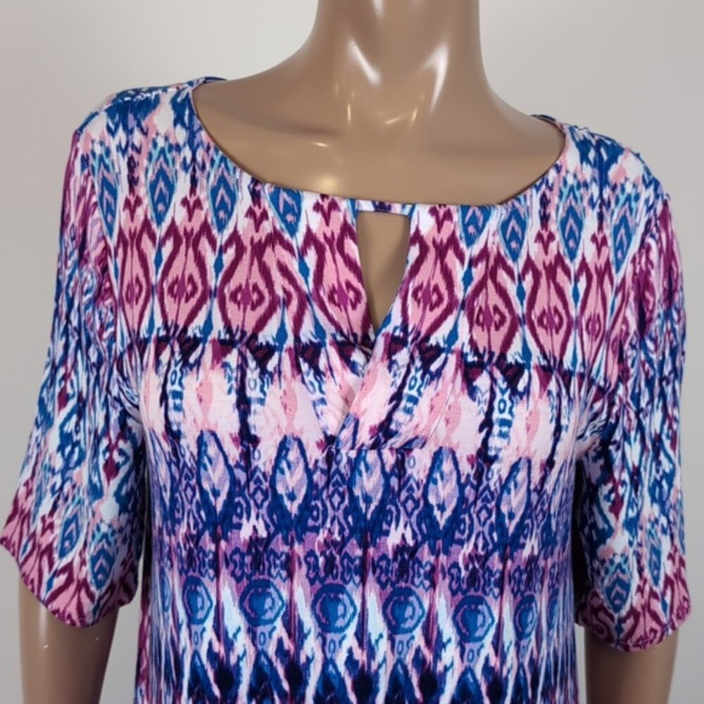 Chicos Ikat Print Dress Short Sleeve Keyhole Neck Casual Summer Jersey Stretch - Picture 2 of 13